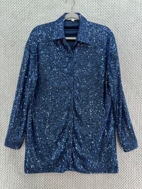 Flat White Anthropologie Botton Front Tunic Shirt Womens S Blue Sequin Party